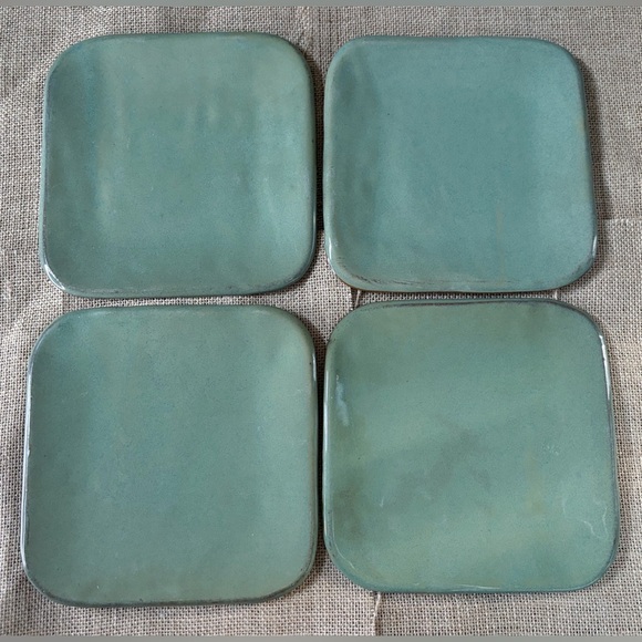 Sage Celadon Green Square Salad Plate Set Signed Art Pottery Cottage Goblin Core - Picture 2 of 9